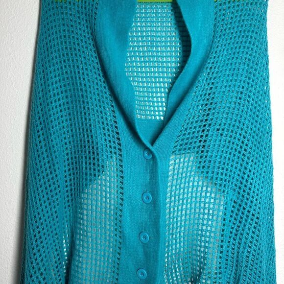 Fishnet Knit Button Up Cardishawl, Teal, Blue, OS - Picture 3 of 12